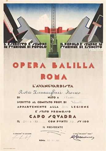 ATTILIO CALZAVARA (1901-1952) & OTHERS.  [OPERA NAZIONALE BALILLA]. Group of 7 diplomas. Circa 1935. Sizes vary, each approximately 19½